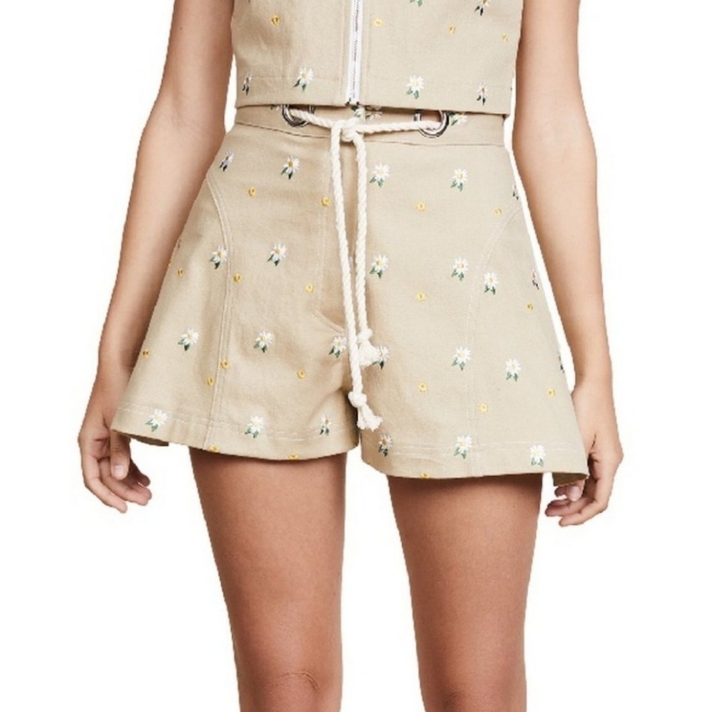 Miaou Greta Stretch Cotton High Waisted Daisy Shorts Size S Khaki Embroidered